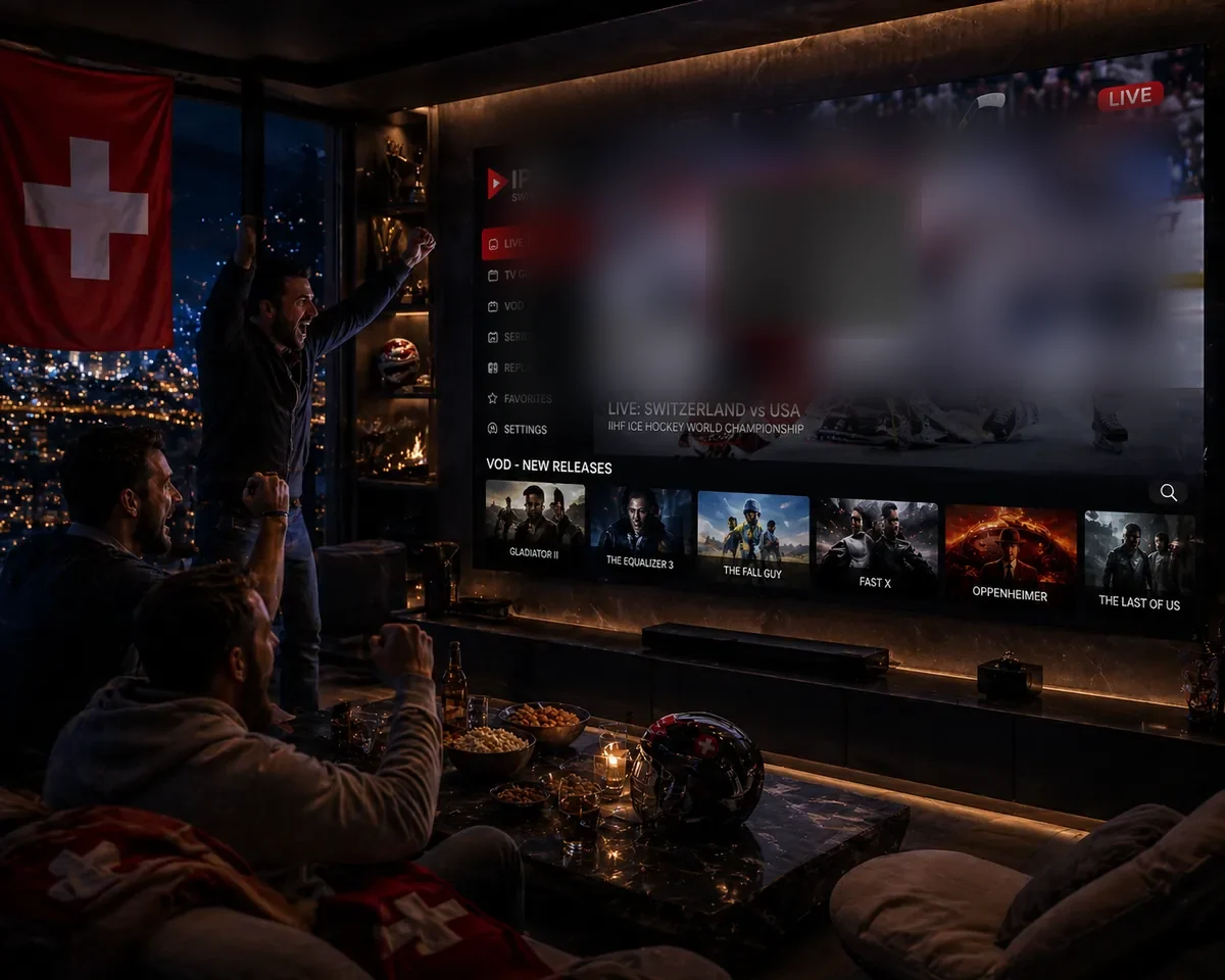 Bester IPTV Provider Schweiz – Freunde jubeln beim Live-Eishockey Schweiz vs USA auf riesigem Bildschirm