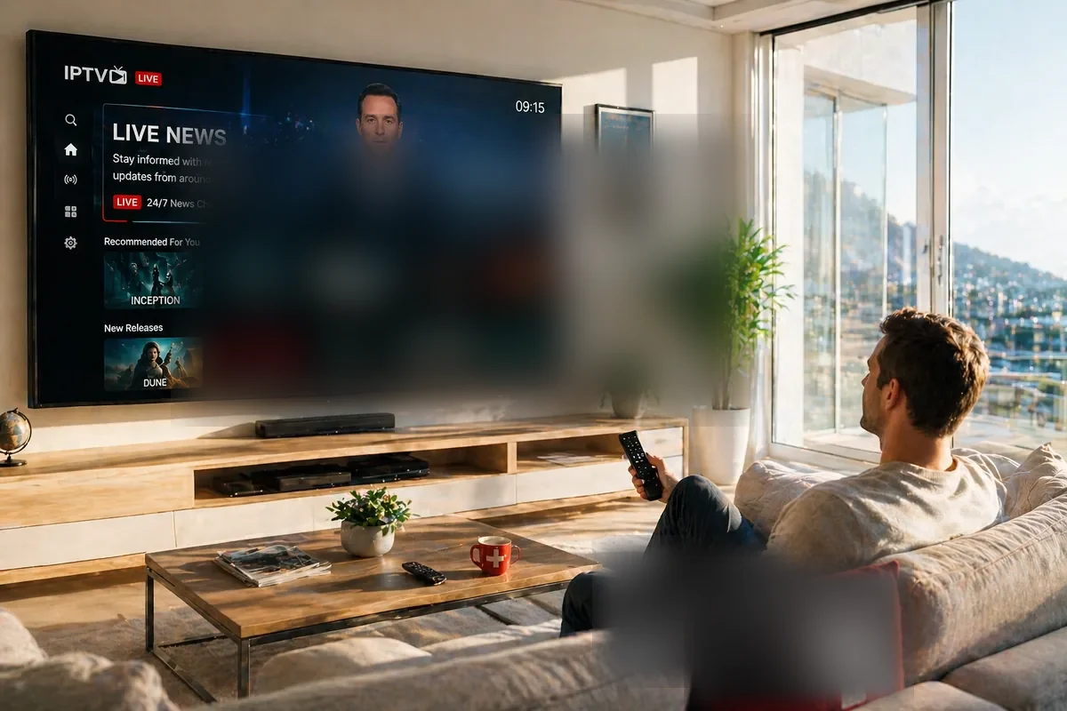Bester IPTV Provider Schweiz – Mann schaut Live News in modernem Apartment mit Schweizer Kreuz-Kissen