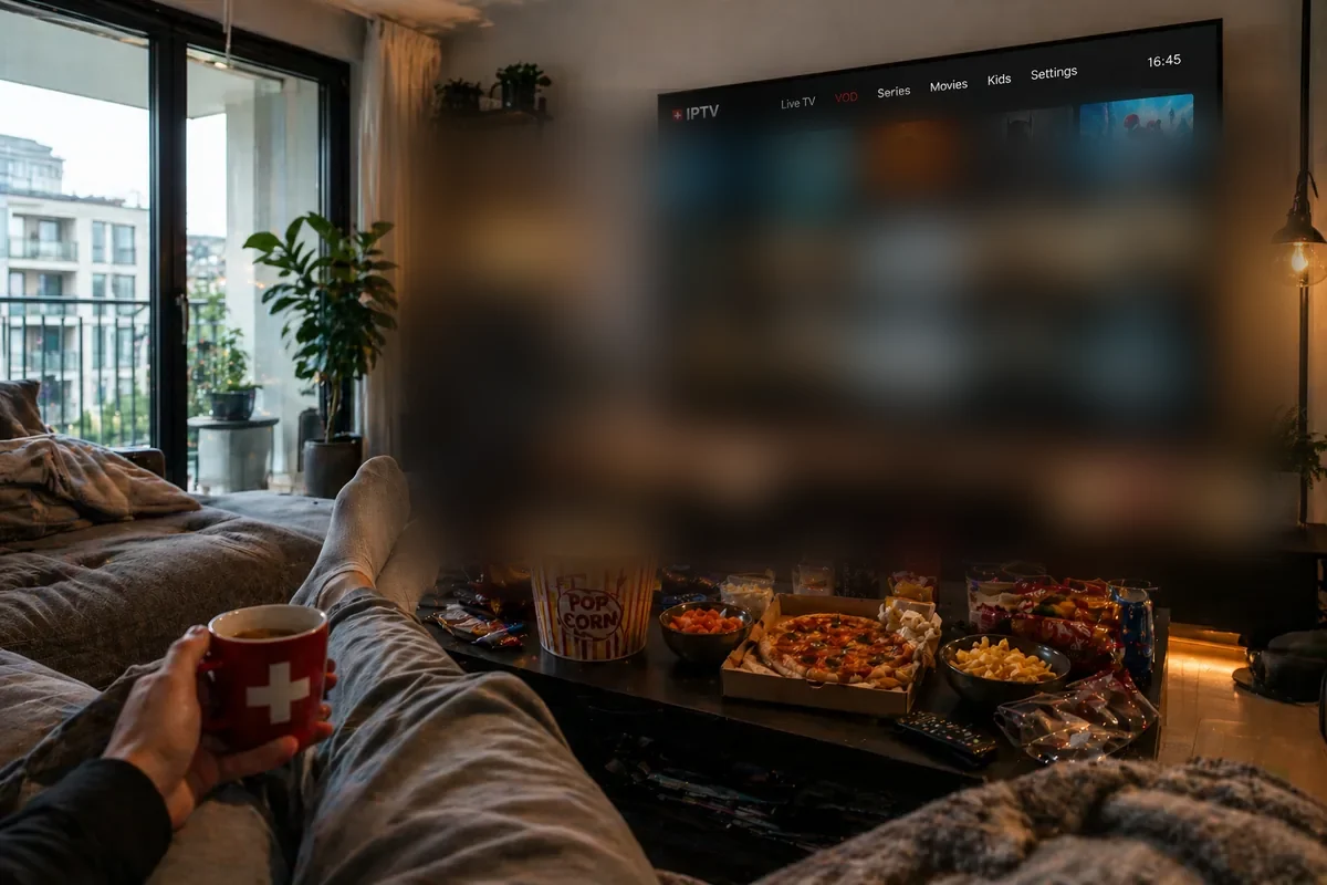 Sicheres IPTV Schweiz legal – Person schaut entspannt VOD-Inhalte auf grossem Bildschirm
