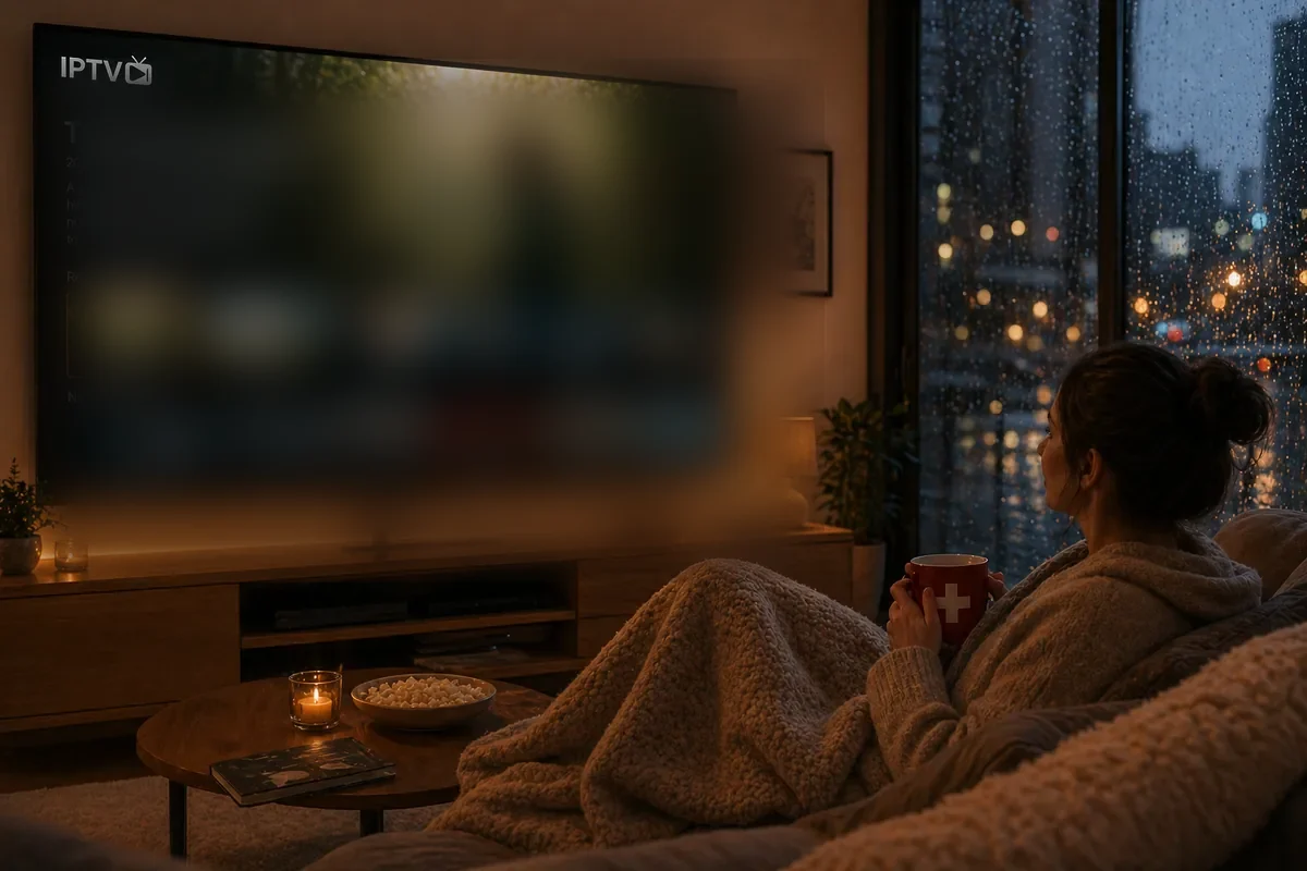 Legales IPTV Schweiz – Frau entspannt auf dem Sofa mit IPTV Family-Inhalte an einem gemütlichen Regentag