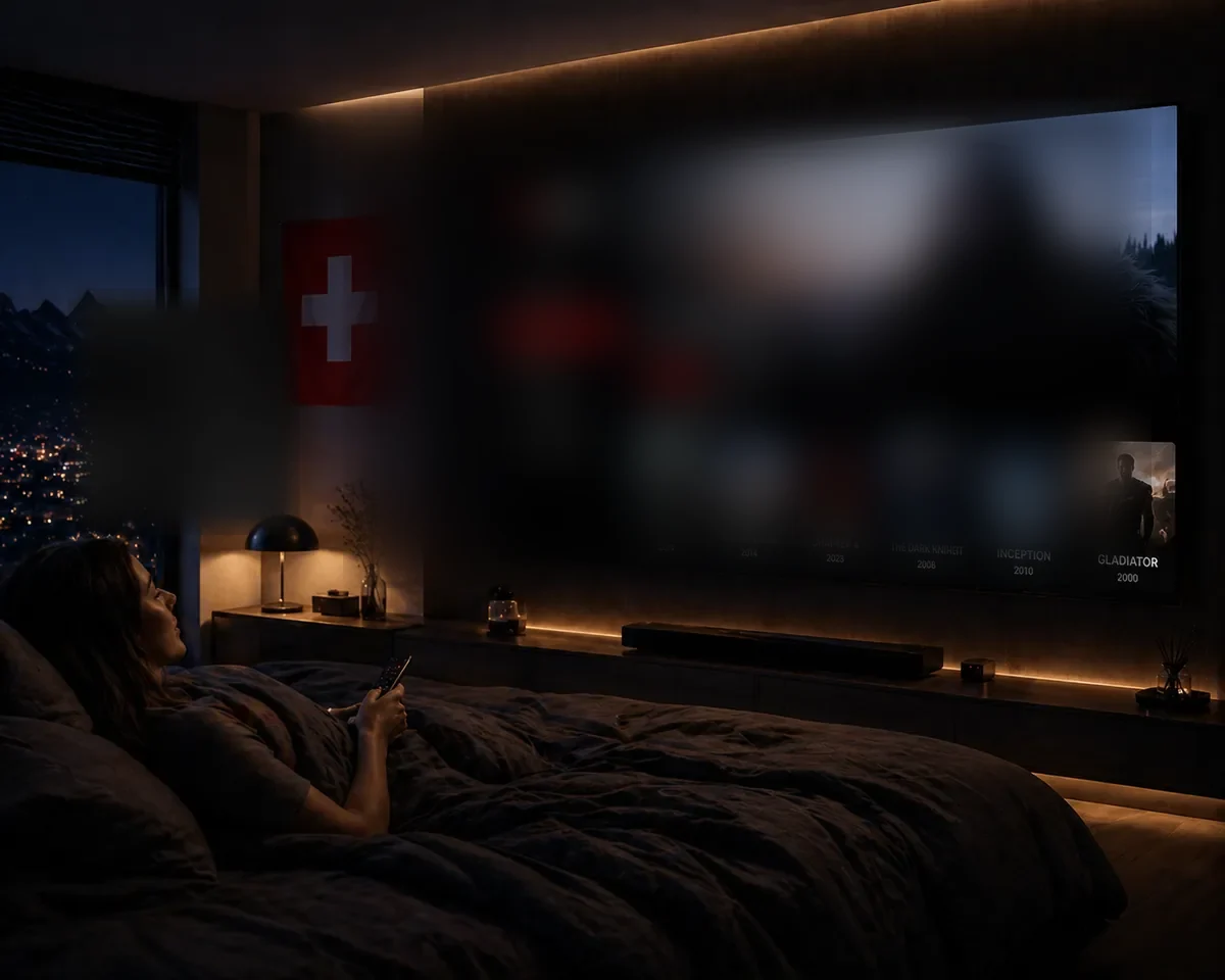 Bester IPTV Anbieter Schweiz – Frau schaut IPTV Swiss Pro VOD in gemütlichem Schlafzimmer mit Alpenblick